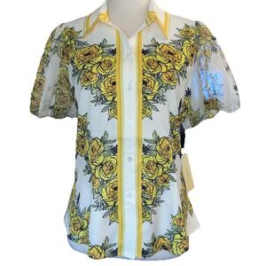 NWT~SMALL~PEACH Top button Up collar puffy satin sleeves white with yellow/green